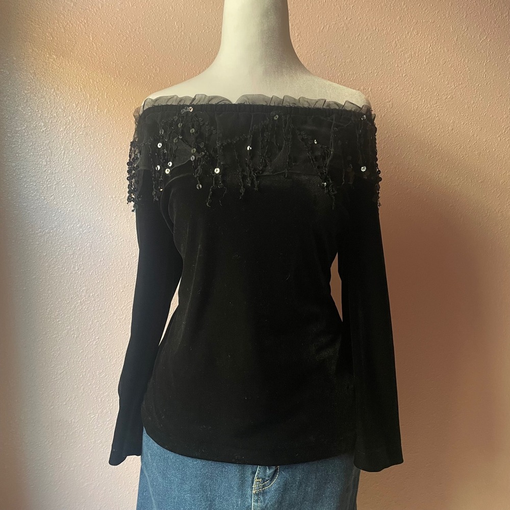 Vintage 1980s / 1990s Whimsygoth Velvet Off the‎ Shoulder Blouse